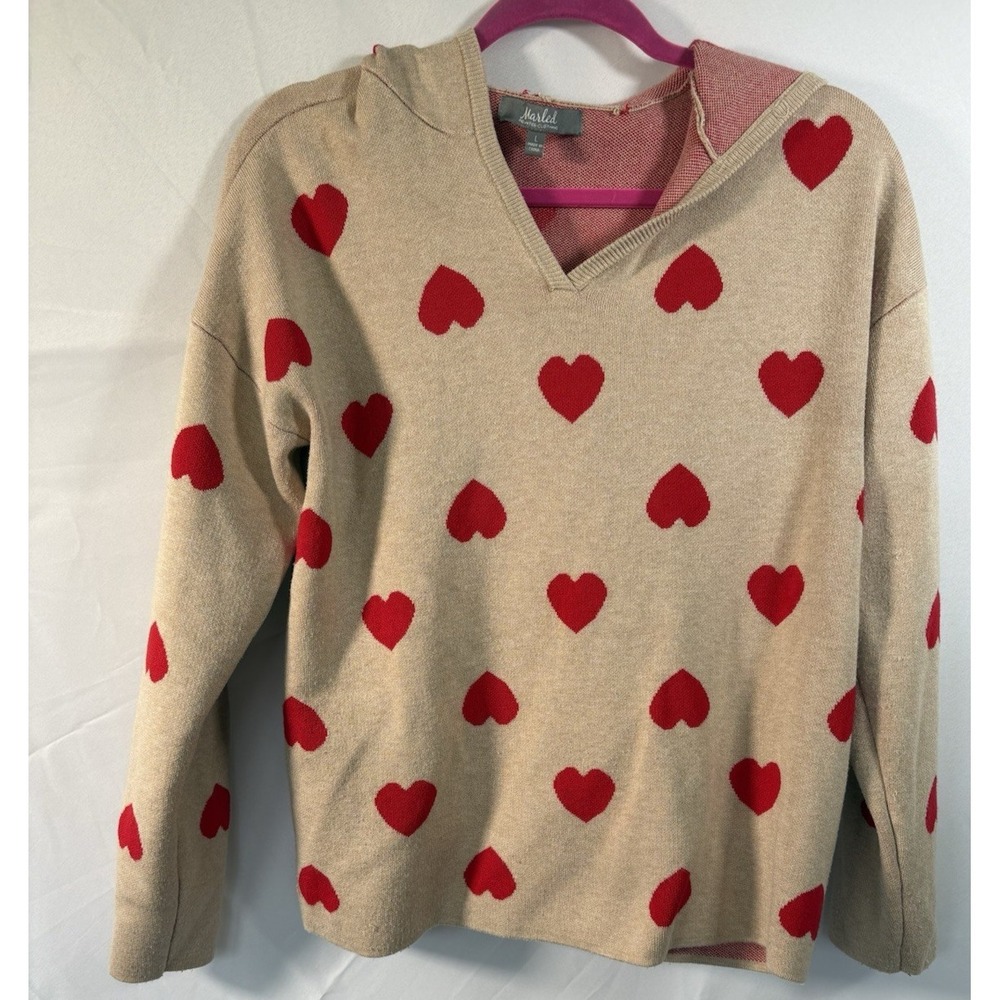 Marled Womans Sweater Size L‎ Valentine Hearts Long Sleeve V Neck hood